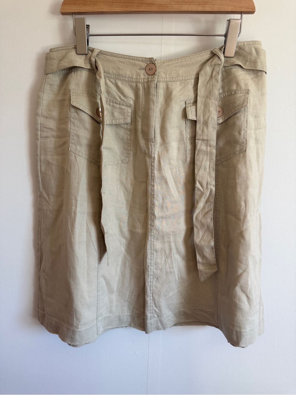 Plum Linen Blend Cargo Skirt Size 10 Beige Tie Waist Pockets Summer
